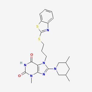 molecular formula C23H28N6O2S2 B2651625 7-[3-(1,3-benzothiazol-2-ylsulfanyl)propyl]-8-(3,5-dimethylpiperidin-1-yl)-3-methyl-2,3,6,7-tetrahydro-1H-purine-2,6-dione CAS No. 872627-73-1