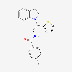 molecular formula C22H22N2OS B2651655 N-(2-(indolin-1-yl)-2-(thiophen-2-yl)ethyl)-4-methylbenzamide CAS No. 898407-40-4
