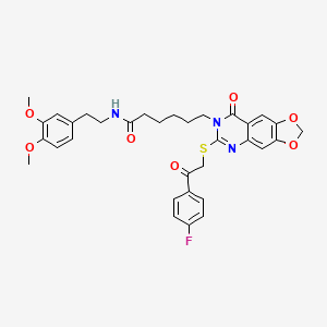 molecular formula C33H34FN3O7S B2651752 N-[2-(3,4-dimethoxyphenyl)ethyl]-6-(6-{[2-(4-fluorophenyl)-2-oxoethyl]sulfanyl}-8-oxo-2H,7H,8H-[1,3]dioxolo[4,5-g]quinazolin-7-yl)hexanamide CAS No. 688061-45-2