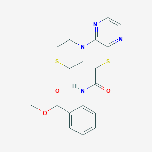 molecular formula C18H20N4O3S2 B2652018 methyl 2-(2-{[3-(thiomorpholin-4-yl)pyrazin-2-yl]sulfanyl}acetamido)benzoate CAS No. 1029732-68-0