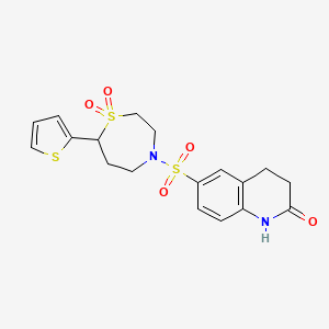 molecular formula C18H20N2O5S3 B2652145 4-[(2-oxo-1,2,3,4-tetrahydroquinolin-6-yl)sulfonyl]-7-(thiophen-2-yl)-1lambda6,4-thiazepane-1,1-dione CAS No. 2034460-98-3