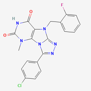 molecular formula C20H14ClFN6O2 B2652399 3-(4-chlorophenyl)-9-[(2-fluorophenyl)methyl]-5-methyl-5H,6H,7H,8H,9H-[1,2,4]triazolo[3,4-h]purine-6,8-dione CAS No. 921856-01-1