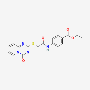 molecular formula C18H16N4O4S B2652479 ethyl 4-[2-({4-oxo-4H-pyrido[1,2-a][1,3,5]triazin-2-yl}sulfanyl)acetamido]benzoate CAS No. 896327-94-9