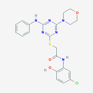 molecular formula C21H21ClN6O3S B265249 N-(5-chloro-2-hydroxyphenyl)-2-{[4-(morpholin-4-yl)-6-(phenylamino)-1,3,5-triazin-2-yl]sulfanyl}acetamide 