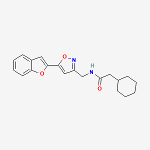 molecular formula C20H22N2O3 B2652499 N-((5-(benzofuran-2-yl)isoxazol-3-yl)methyl)-2-cyclohexylacetamide CAS No. 1105205-58-0