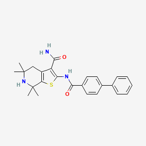 molecular formula C25H27N3O2S B2652707 2-{[1,1'-biphenyl]-4-amido}-5,5,7,7-tetramethyl-4H,5H,6H,7H-thieno[2,3-c]pyridine-3-carboxamide CAS No. 887898-00-2