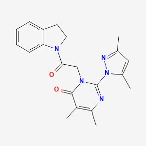 molecular formula C21H23N5O2 B2652813 3-[2-(2,3-Dihydroindol-1-yl)-2-oxoethyl]-2-(3,5-dimethylpyrazol-1-yl)-5,6-dimethylpyrimidin-4-one CAS No. 1002216-69-4