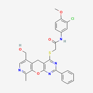 molecular formula C27H23ClN4O4S B2652842 N-(3-chloro-4-methoxyphenyl)-2-[[11-(hydroxymethyl)-14-methyl-5-phenyl-2-oxa-4,6,13-triazatricyclo[8.4.0.03,8]tetradeca-1(10),3(8),4,6,11,13-hexaen-7-yl]sulfanyl]acetamide CAS No. 892386-70-8