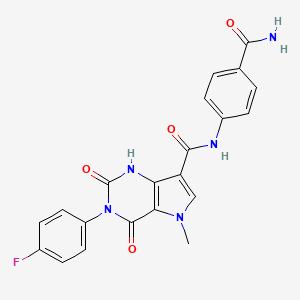 molecular formula C21H16FN5O4 B2652880 N-(4-carbamoylphenyl)-3-(4-fluorophenyl)-5-methyl-2,4-dioxo-2,3,4,5-tetrahydro-1H-pyrrolo[3,2-d]pyrimidine-7-carboxamide CAS No. 921853-12-5