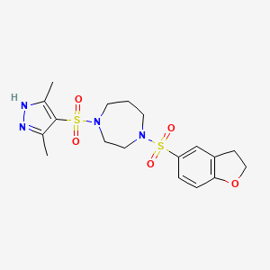 molecular formula C18H24N4O5S2 B2652918 1-((2,3-dihydrobenzofuran-5-yl)sulfonyl)-4-((3,5-dimethyl-1H-pyrazol-4-yl)sulfonyl)-1,4-diazepane CAS No. 2034201-76-6