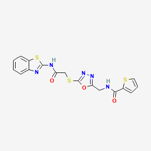 molecular formula C17H13N5O3S3 B2652960 N-((5-((2-(benzo[d]thiazol-2-ylamino)-2-oxoethyl)thio)-1,3,4-oxadiazol-2-yl)methyl)thiophene-2-carboxamide CAS No. 851861-69-3