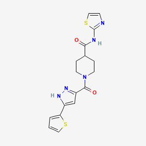N-(thiazol-2-yl)-1-(3-(thiophen-2-yl)-1H-pyrazole-5-carbonyl)piperidine-4-carboxamide