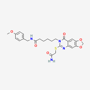 molecular formula C25H28N4O6S B2653115 6-[6-(2-amino-2-oxoethyl)sulfanyl-8-oxo-[1,3]dioxolo[4,5-g]quinazolin-7-yl]-N-[(4-methoxyphenyl)methyl]hexanamide CAS No. 688060-97-1