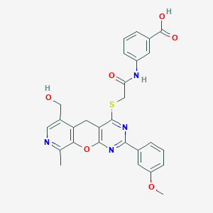 molecular formula C28H24N4O6S B2653118 3-(2-((6-(hydroxymethyl)-2-(3-methoxyphenyl)-9-methyl-5H-pyrido[4',3':5,6]pyrano[2,3-d]pyrimidin-4-yl)thio)acetamido)benzoic acid CAS No. 892381-72-5