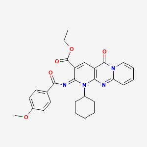 molecular formula C28H28N4O5 B2653145 ethyl 7-cyclohexyl-6-(4-methoxybenzoyl)imino-2-oxo-1,7,9-triazatricyclo[8.4.0.03,8]tetradeca-3(8),4,9,11,13-pentaene-5-carboxylate CAS No. 534579-26-5