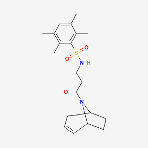 molecular formula C20H28N2O3S B2653181 N-(3-((1R,5S)-8-azabicyclo[3.2.1]oct-2-en-8-yl)-3-oxopropyl)-2,3,5,6-tetramethylbenzenesulfonamide CAS No. 1797904-64-3