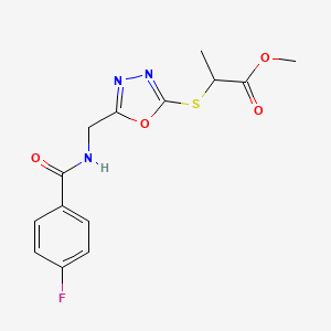 molecular formula C14H14FN3O4S B2653183 甲基-2-((5-((4-氟苯甲酰胺)甲基)-1,3,4-噁二唑-2-基)硫基)丙酸酯 CAS No. 920472-53-3