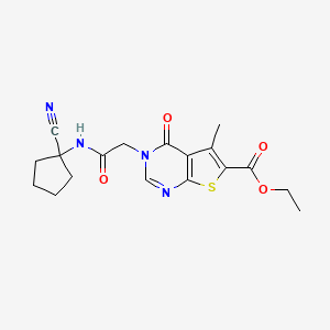 molecular formula C18H20N4O4S B2653195 Ethyl 3-[2-[(1-cyanocyclopentyl)amino]-2-oxoethyl]-5-methyl-4-oxothieno[2,3-d]pyrimidine-6-carboxylate CAS No. 923861-64-7