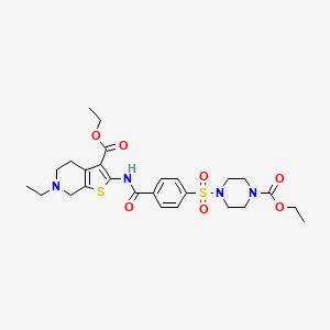molecular formula C26H34N4O7S2 B2653198 Ethyl 2-(4-((4-(ethoxycarbonyl)piperazin-1-yl)sulfonyl)benzamido)-6-ethyl-4,5,6,7-tetrahydrothieno[2,3-c]pyridine-3-carboxylate CAS No. 449767-63-9