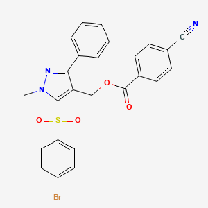 molecular formula C25H18BrN3O4S B2653596 {5-[(4-bromophenyl)sulfonyl]-1-methyl-3-phenyl-1H-pyrazol-4-yl}methyl 4-cyanobenzenecarboxylate CAS No. 955976-45-1