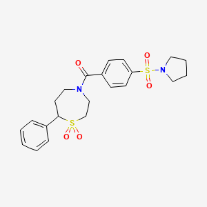 molecular formula C22H26N2O5S2 B2653605 (1,1-Dioxido-7-phenyl-1,4-thiazepan-4-yl)(4-(pyrrolidin-1-ylsulfonyl)phenyl)methanone CAS No. 2319893-18-8