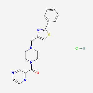 molecular formula C19H20ClN5OS B2653617 (4-((2-Phenylthiazol-4-yl)methyl)piperazin-1-yl)(pyrazin-2-yl)methanone hydrochloride CAS No. 1351647-36-3
