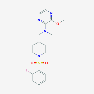 molecular formula C18H23FN4O3S B2653673 N-[[1-(2-Fluorophenyl)sulfonylpiperidin-4-yl]methyl]-3-methoxy-N-methylpyrazin-2-amine CAS No. 2380080-86-2