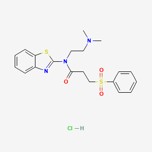 molecular formula C20H24ClN3O3S2 B2653675 N-(benzo[d]thiazol-2-yl)-N-(2-(dimethylamino)ethyl)-3-(phenylsulfonyl)propanamide hydrochloride CAS No. 1216843-14-9