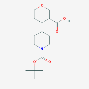 molecular formula C16H27NO5 B2653691 4-[1-[(2-Methylpropan-2-yl)oxycarbonyl]piperidin-4-yl]oxane-3-carboxylic acid CAS No. 2411221-49-1