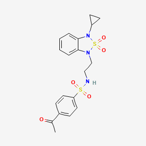 molecular formula C19H21N3O5S2 B2653692 4-acetyl-N-[2-(3-cyclopropyl-2,2-dioxo-1,3-dihydro-2lambda6,1,3-benzothiadiazol-1-yl)ethyl]benzene-1-sulfonamide CAS No. 2097904-21-5