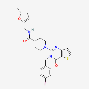 molecular formula C25H25FN4O3S B2653709 1-{3-[(4-fluorophenyl)methyl]-4-oxo-3H,4H-thieno[3,2-d]pyrimidin-2-yl}-N-[(5-methylfuran-2-yl)methyl]piperidine-4-carboxamide CAS No. 1115976-70-9