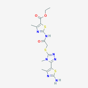 molecular formula C16H19N7O3S3 B2654058 ethyl 2-(2-{[5-(2-amino-4-methyl-1,3-thiazol-5-yl)-4-methyl-4H-1,2,4-triazol-3-yl]sulfanyl}acetamido)-4-methyl-1,3-thiazole-5-carboxylate CAS No. 868214-62-4