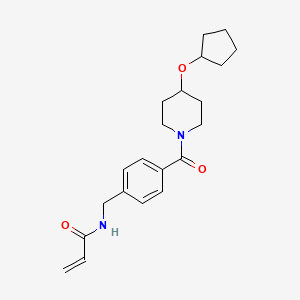 molecular formula C21H28N2O3 B2654183 N-[[4-(4-Cyclopentyloxypiperidine-1-carbonyl)phenyl]methyl]prop-2-enamide CAS No. 2198295-24-6
