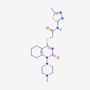 molecular formula C18H25N7O2S2 B2654212 N-(5-methyl-1,3,4-thiadiazol-2-yl)-2-((1-(4-methylpiperazin-1-yl)-2-oxo-1,2,5,6,7,8-hexahydroquinazolin-4-yl)thio)acetamide CAS No. 920223-65-0