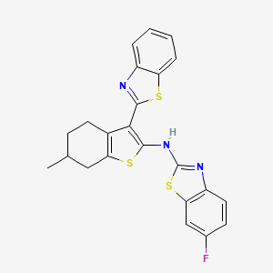 molecular formula C23H18FN3S3 B2654289 N-[3-(1,3-benzothiazol-2-yl)-6-methyl-4,5,6,7-tetrahydro-1-benzothiophen-2-yl]-6-fluoro-1,3-benzothiazol-2-amine CAS No. 862976-22-5