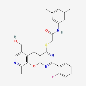 molecular formula C28H25FN4O3S B2654718 N-(3,5-dimethylphenyl)-2-[[5-(2-fluorophenyl)-11-(hydroxymethyl)-14-methyl-2-oxa-4,6,13-triazatricyclo[8.4.0.03,8]tetradeca-1(10),3(8),4,6,11,13-hexaen-7-yl]sulfanyl]acetamide CAS No. 892386-18-4