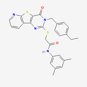 molecular formula C28H26N4O2S2 B2654755 N-(3,5-dimethylphenyl)-2-[[5-[(4-ethylphenyl)methyl]-6-oxo-8-thia-3,5,10-triazatricyclo[7.4.0.02,7]trideca-1(9),2(7),3,10,12-pentaen-4-yl]sulfanyl]acetamide CAS No. 1223941-35-2