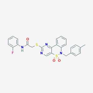 molecular formula C26H21FN4O3S2 B2654863 N-(2-fluorophenyl)-2-({9-[(4-methylphenyl)methyl]-8,8-dioxo-8lambda6-thia-3,5,9-triazatricyclo[8.4.0.0^{2,7}]tetradeca-1(14),2(7),3,5,10,12-hexaen-4-yl}sulfanyl)acetamide CAS No. 1115311-80-2