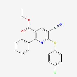 molecular formula C21H15ClN2O2S B2654912 Ethyl 6-((4-chlorophenyl)sulfanyl)-5-cyano-2-phenylnicotinate CAS No. 306980-01-8