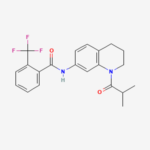molecular formula C21H21F3N2O2 B2654957 N-[1-(2-methylpropanoyl)-1,2,3,4-tetrahydroquinolin-7-yl]-2-(trifluoromethyl)benzamide CAS No. 1005294-33-6