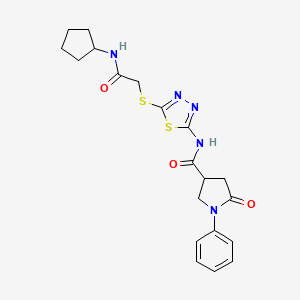 molecular formula C20H23N5O3S2 B2655279 N-(5-((2-(cyclopentylamino)-2-oxoethyl)thio)-1,3,4-thiadiazol-2-yl)-5-oxo-1-phenylpyrrolidine-3-carboxamide CAS No. 893945-23-8
