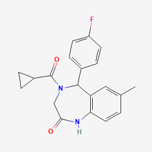 molecular formula C20H19FN2O2 B2655341 4-cyclopropanecarbonyl-5-(4-fluorophenyl)-7-methyl-2,3,4,5-tetrahydro-1H-1,4-benzodiazepin-2-one CAS No. 533873-29-9