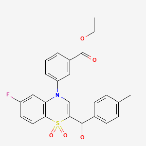 molecular formula C25H20FNO5S B2655346 ethyl 3-[6-fluoro-2-(4-methylbenzoyl)-1,1-dioxido-4H-1,4-benzothiazin-4-yl]benzoate CAS No. 1114852-85-5