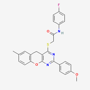 molecular formula C27H22FN3O3S B2655453 N-(4-fluorophenyl)-2-{[2-(4-methoxyphenyl)-7-methyl-5H-chromeno[2,3-d]pyrimidin-4-yl]sulfanyl}acetamide CAS No. 866340-79-6