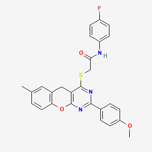 molecular formula C27H22FN3O3S B2655453 N-(4-fluorophenyl)-2-((2-(4-methoxyphenyl)-7-methyl-5H-chromeno[2,3-d]pyrimidin-4-yl)thio)acetamide CAS No. 866340-79-6