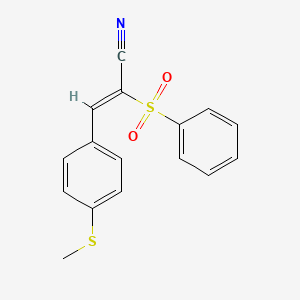 molecular formula C16H13NO2S2 B2655455 3-(4-Methylthiophenyl)-2-(phenylsulfonyl)prop-2-enenitrile CAS No. 810654-93-4