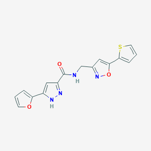 molecular formula C16H12N4O3S B2655474 3-(furan-2-yl)-N-((5-(thiophen-2-yl)isoxazol-3-yl)methyl)-1H-pyrazole-5-carboxamide CAS No. 1239511-92-2