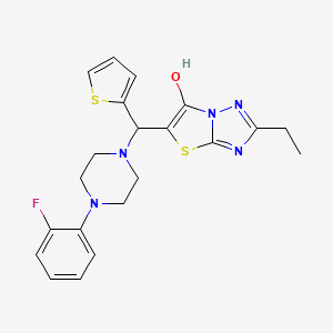 molecular formula C21H22FN5OS2 B2655485 2-Ethyl-5-((4-(2-fluorophenyl)piperazin-1-yl)(thiophen-2-yl)methyl)thiazolo[3,2-b][1,2,4]triazol-6-ol CAS No. 886914-76-7