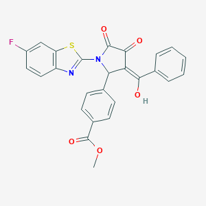 molecular formula C26H17FN2O5S B265550 methyl 4-[(3E)-1-(6-fluoro-1,3-benzothiazol-2-yl)-3-[hydroxy(phenyl)methylidene]-4,5-dioxopyrrolidin-2-yl]benzoate 