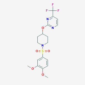 molecular formula C18H20F3N3O5S B2656495 2-[1-(3,4-Dimethoxyphenyl)sulfonylpiperidin-4-yl]oxy-4-(trifluoromethyl)pyrimidine CAS No. 2380191-96-6